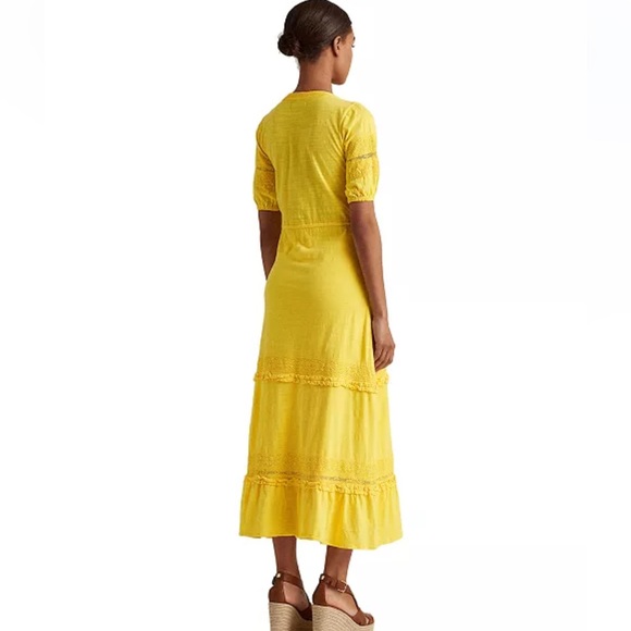 Ralph Lauren Yellow Puff Sleeve V-Neck Dress Sz M - Picture 2 of 14